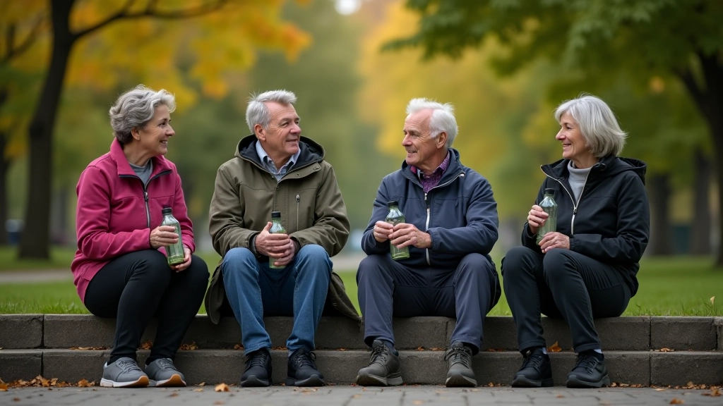 Grupa senioru sēž uz soļiem ārā, pauzē no pastaigāšanas, dzerot ūdeni un runājot