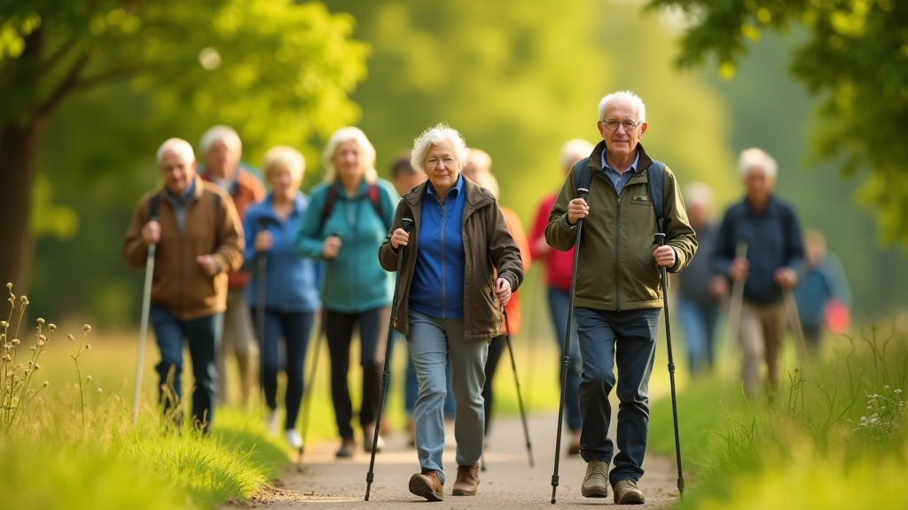 Grupa senioru pastaigas laikā parku takā, draudzīga atmosfēra un koordinēta aktivitāte