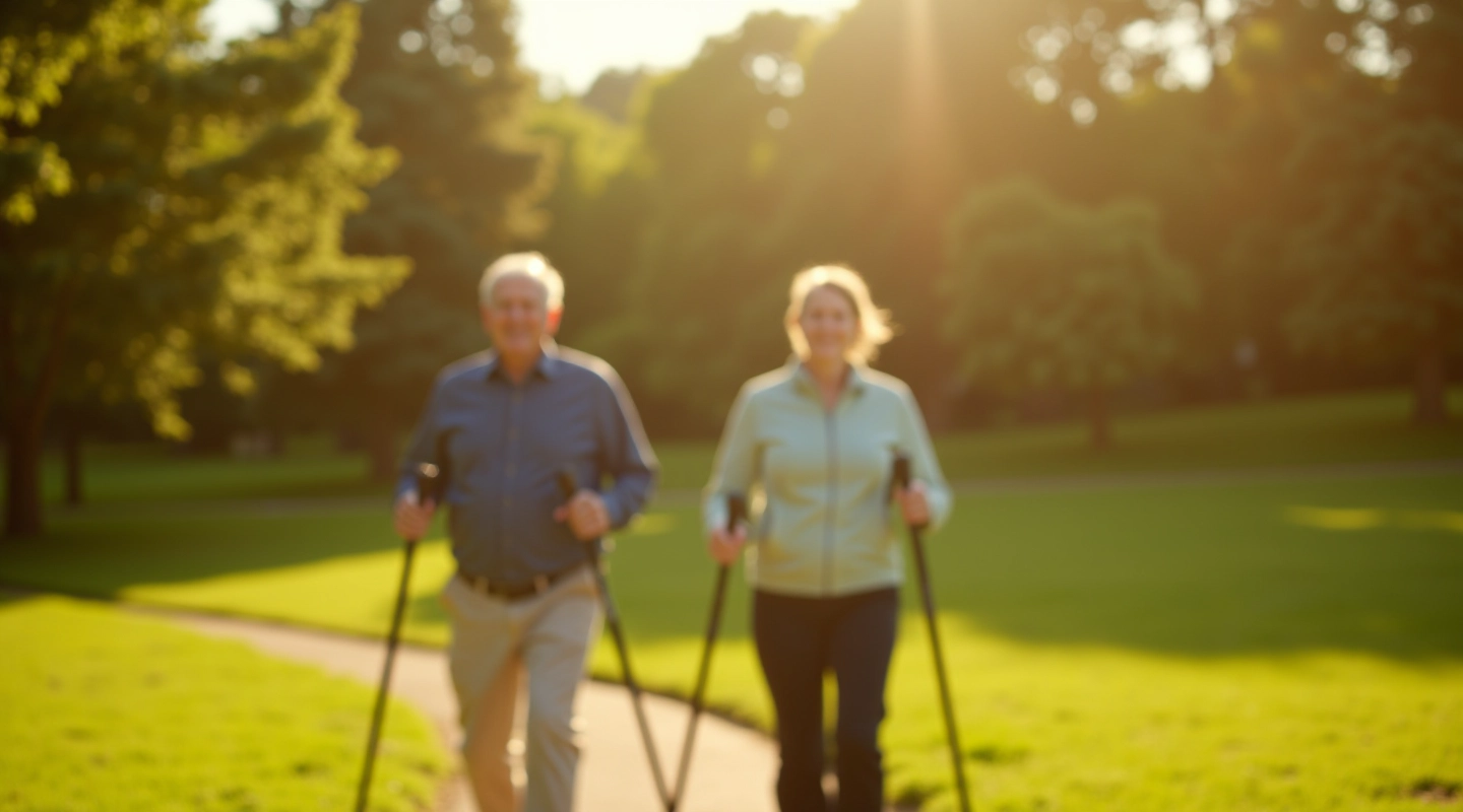 Seniori ar nūjām parku pastaigas laikā, saulainā dienā, veseli un aktīvi