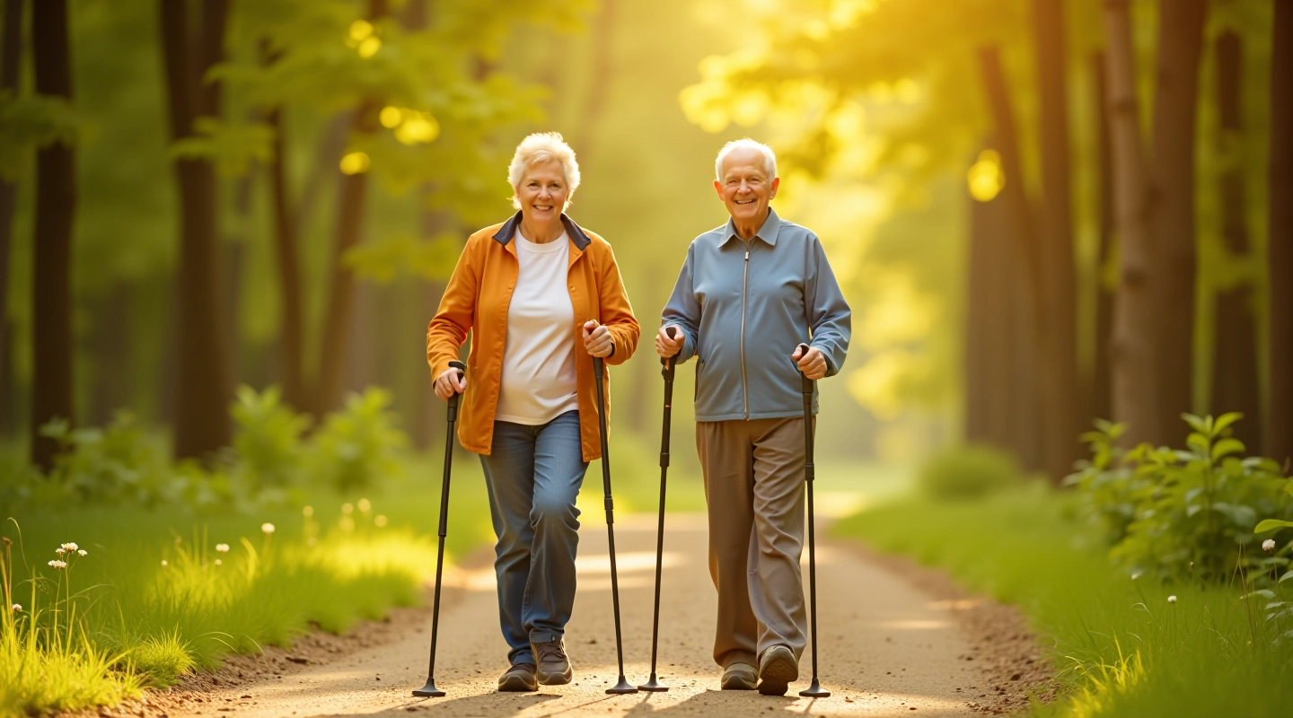 Seniori prakticē ziemeļu nūjošanu mežainā ceļā, lietojot pareizas nūjas un stāju