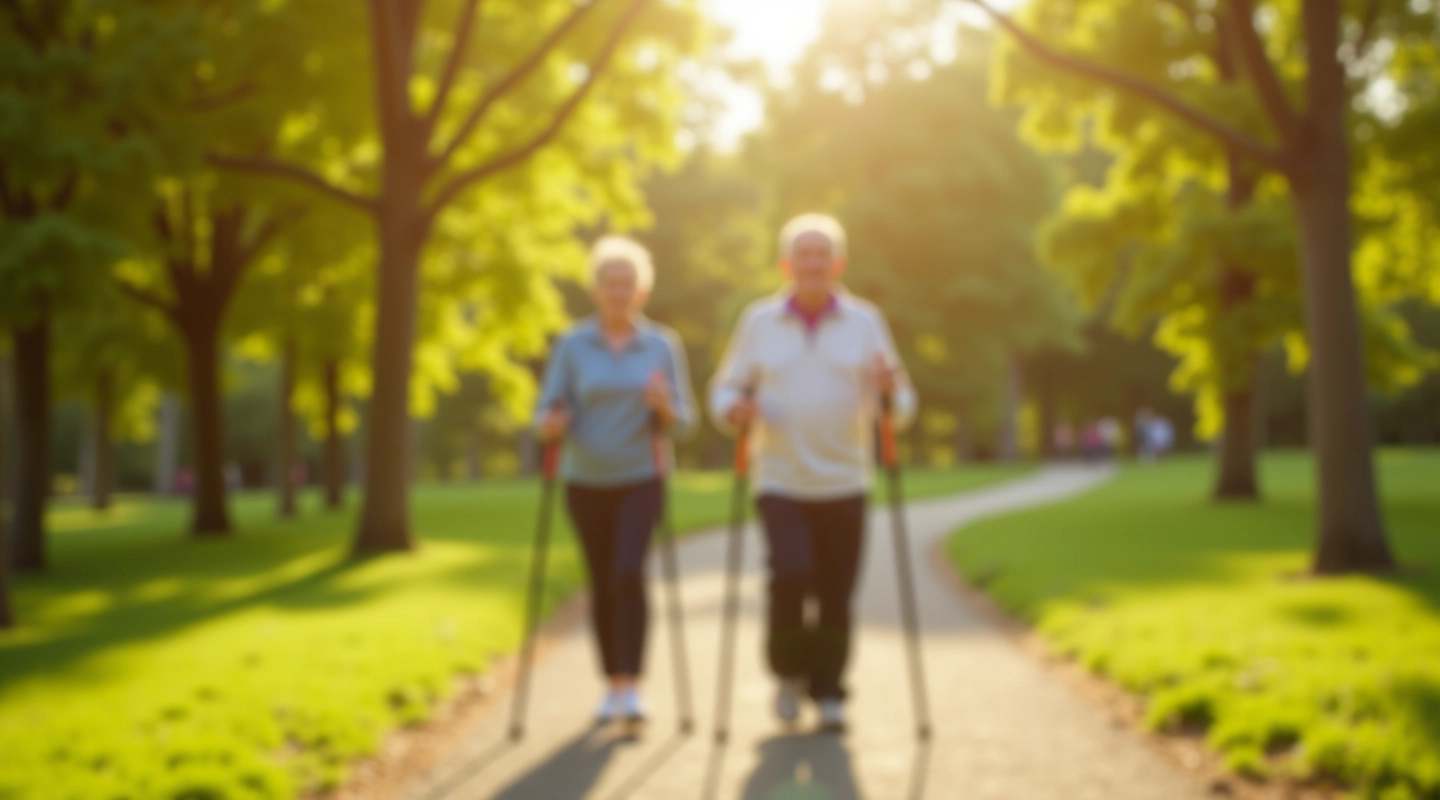 Seniori veic nūjošanas vingrinājumus parkā, pareizs ķermeņa stāvoklis